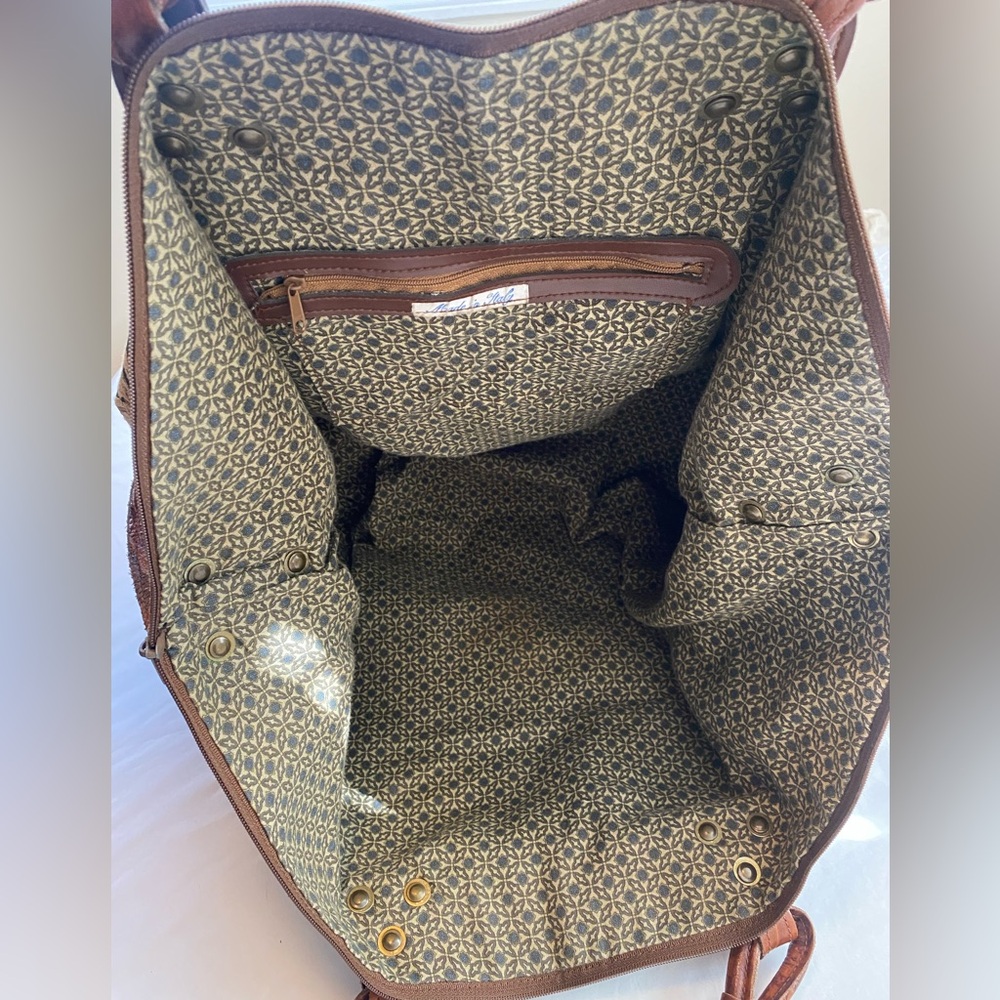 Woven Tapestry Shoulder Bag with Brown Leather Trim - Picture 13 of 16